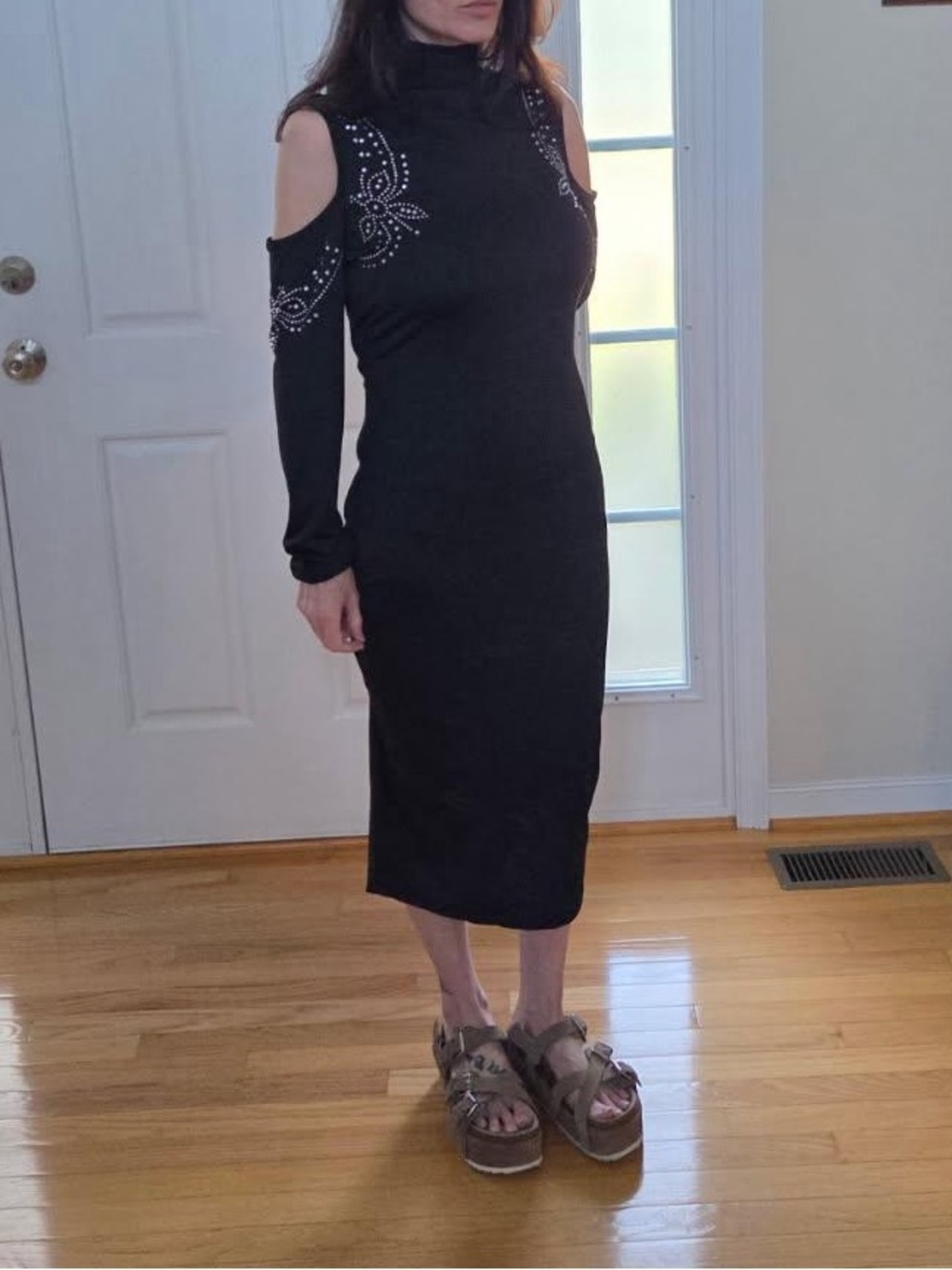Black Cold-Shoulder Midi Dress with Embellished Detail